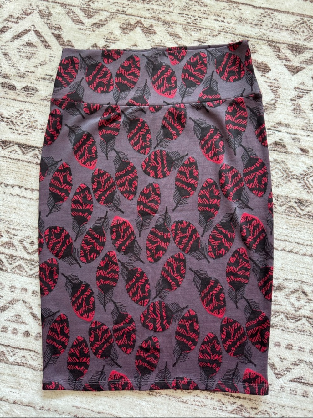 LuLaRoe Gray Pencil Skirt with Red and Black Leaf Print